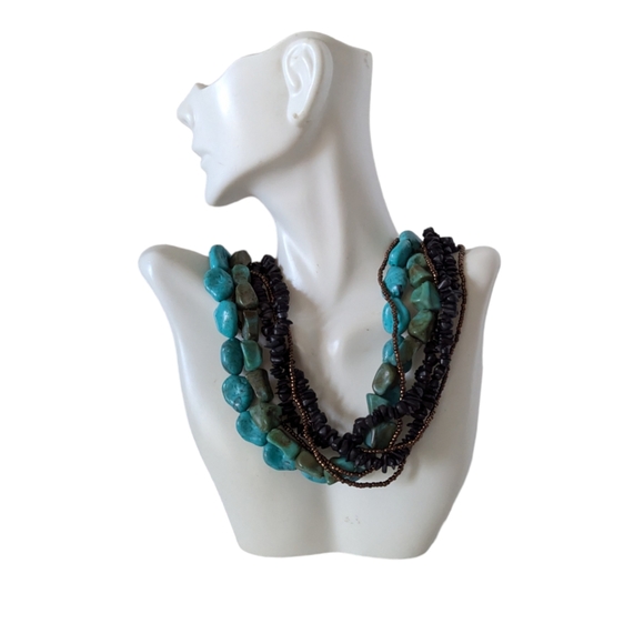 Turquoise Necklace Choker Multi Strand Boho Beaded Tribal Collar - Picture 3 of 8